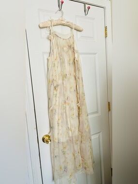 Queenia Dreamy Cream Floral Sheer Maxi Dress Pleated Gossamer Georgette